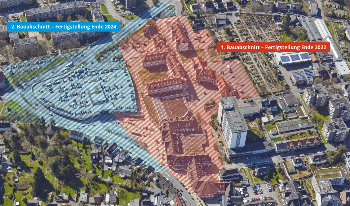 Luftbild der Monheimer Innenstadt mit farblicher Unterscheidung der einzelnen Bauphasen